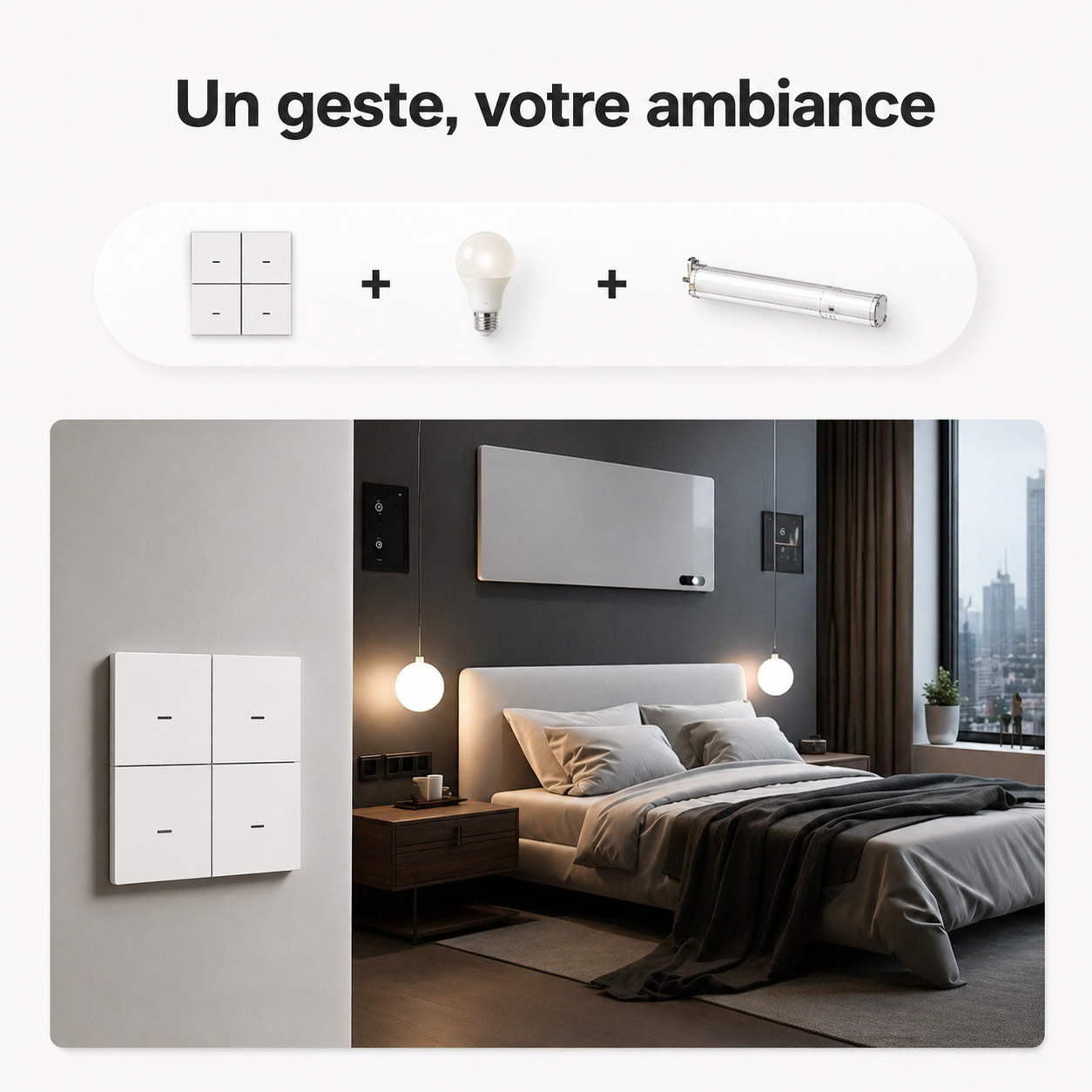 NéoGlass Switch Comfort, interrupteur tactile Zigbee 4 boutons en façade blanche avec design minimaliste.