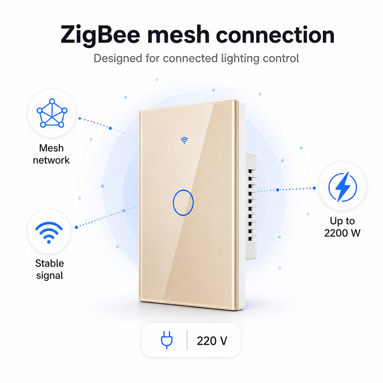ZigBee mesh and 2200 W feature image for gold NéoGlass switch