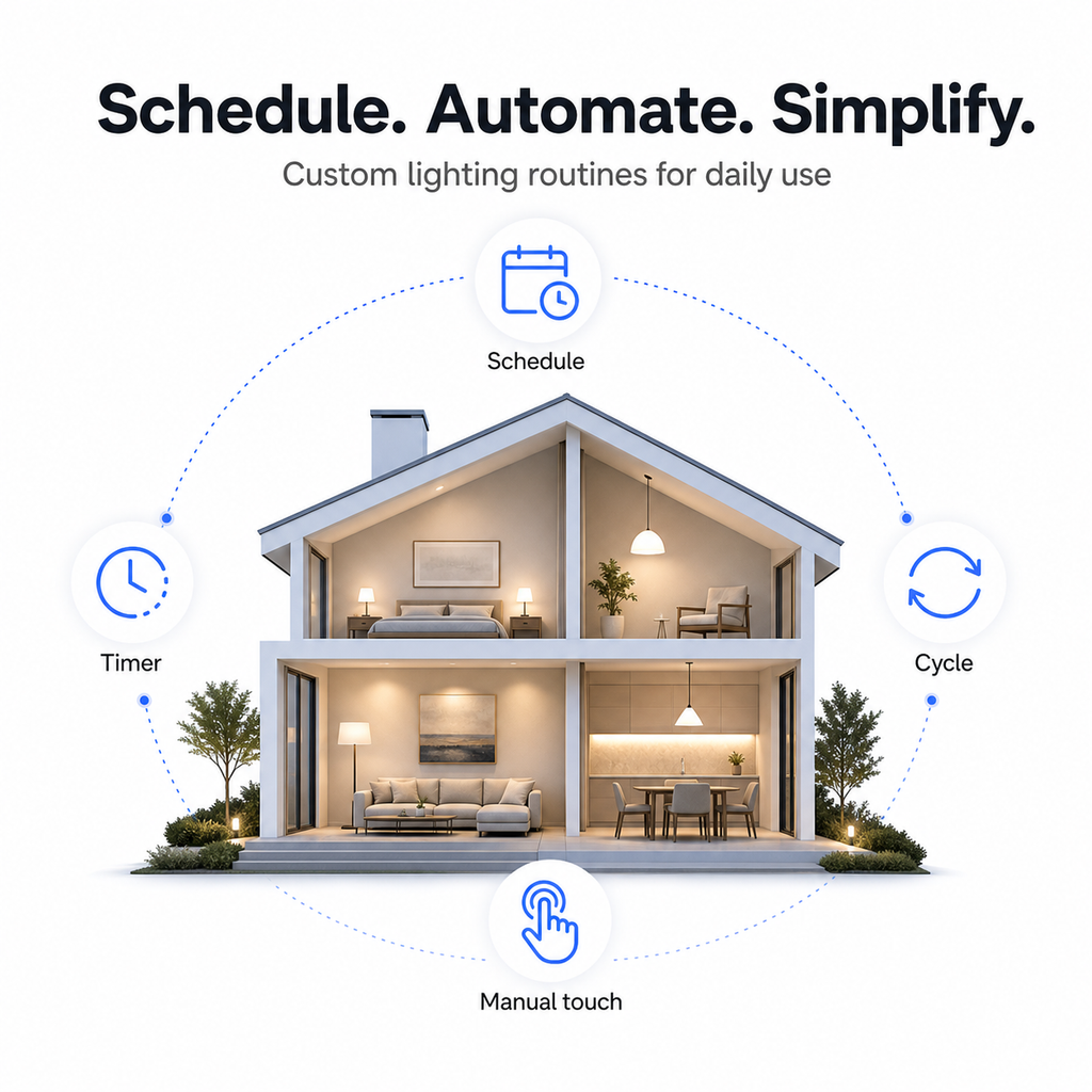 Lighting schedule automation infographic for NéoGlass switch