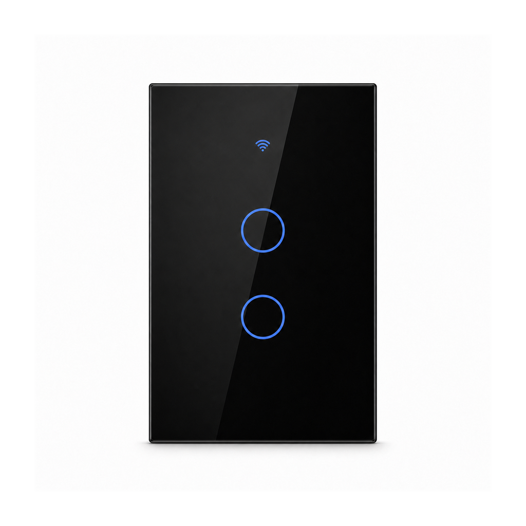 Interrupteur tactile NéoGlass Switch Comfort noir à deux canaux avec façade en verre sur fond blanc.