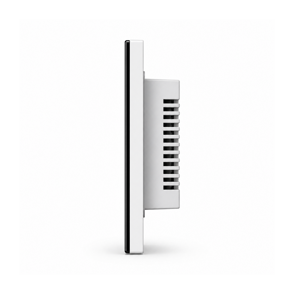 Interrupteur tactile NéoGlass Switch Comfort noir vu de profil avec module arrière sur fond blanc.