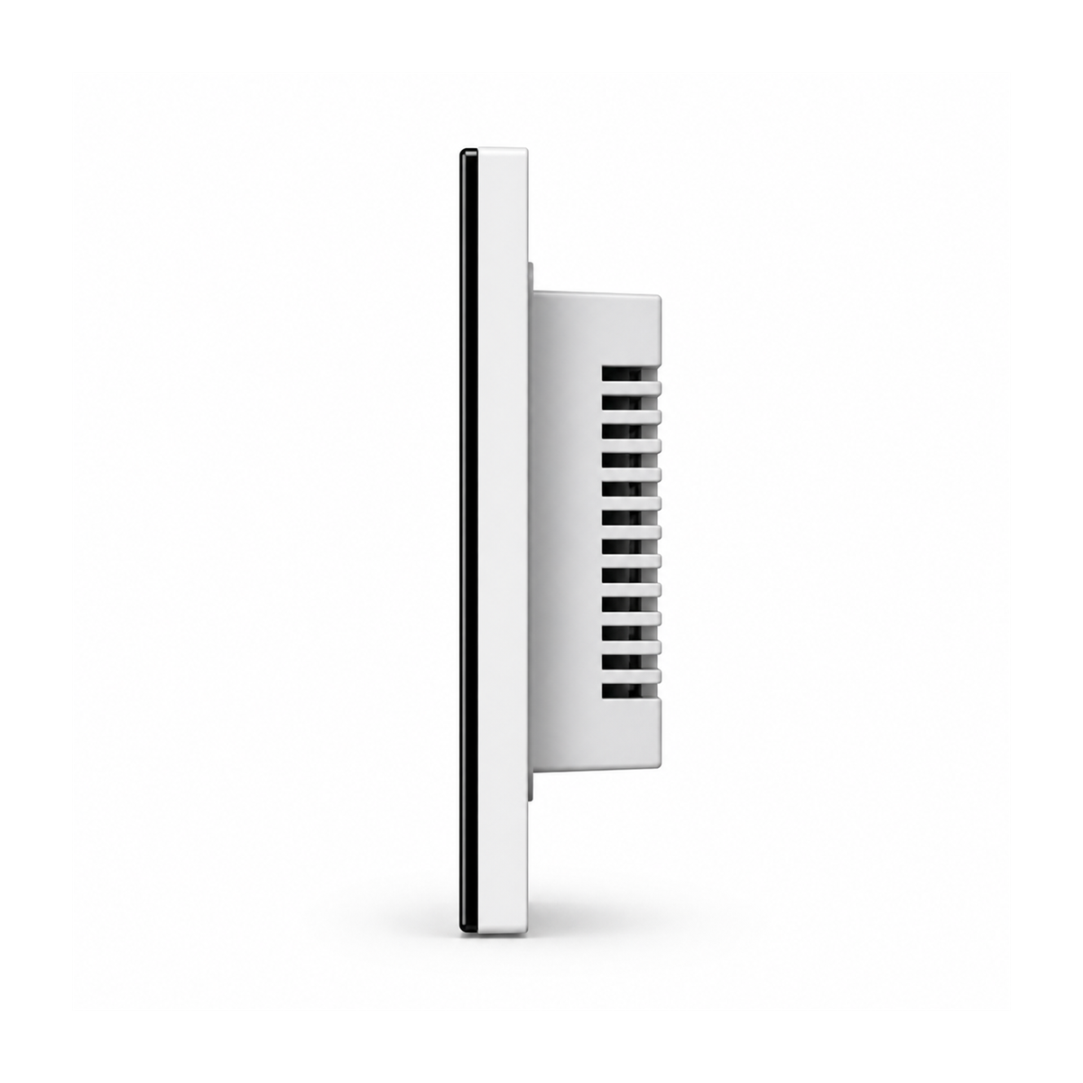 Interrupteur tactile NéoGlass Switch Comfort noir vu de profil avec module arrière sur fond blanc.