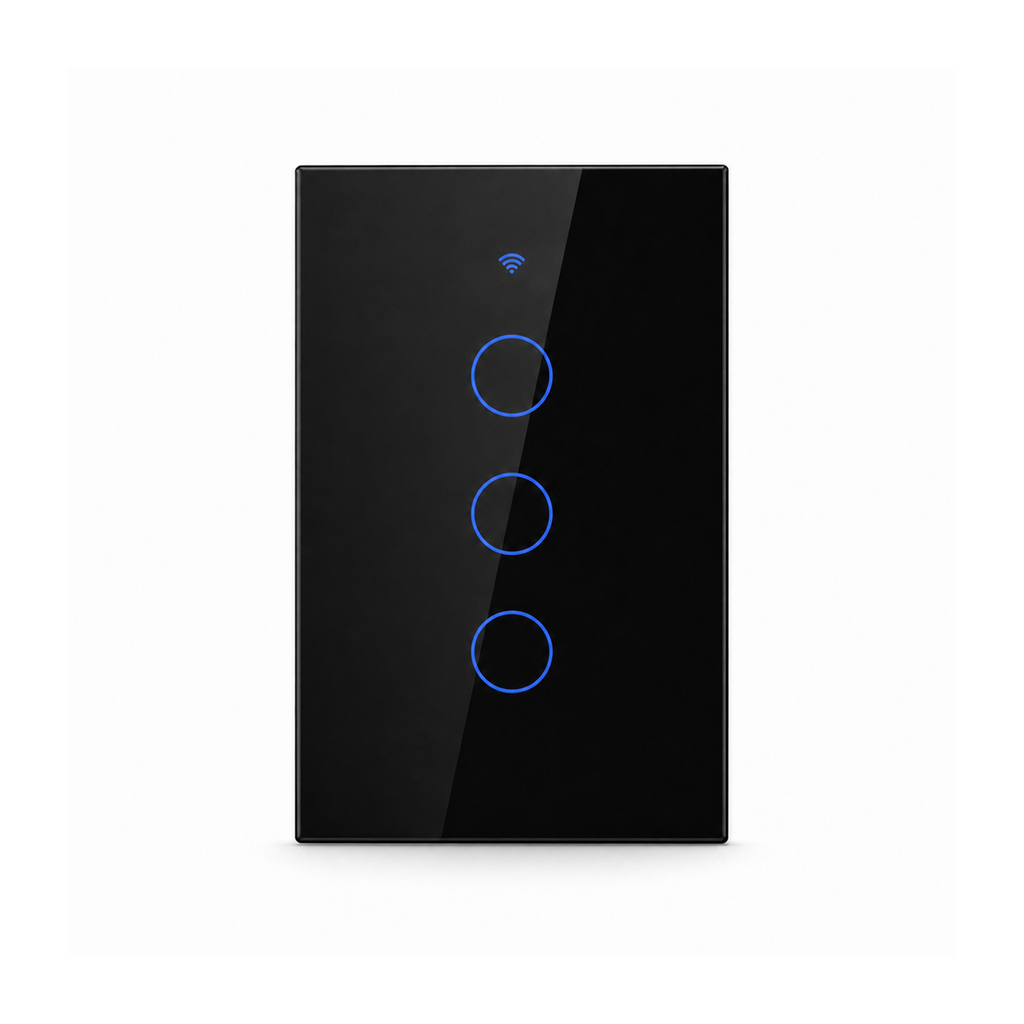 Interrupteur tactile NéoGlass Switch Comfort noir à trois canaux avec façade en verre sur fond blanc.