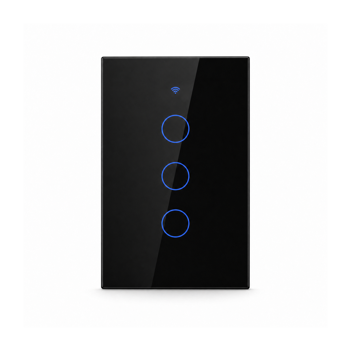 Interrupteur tactile NéoGlass Switch Comfort noir à trois canaux avec façade en verre sur fond blanc.