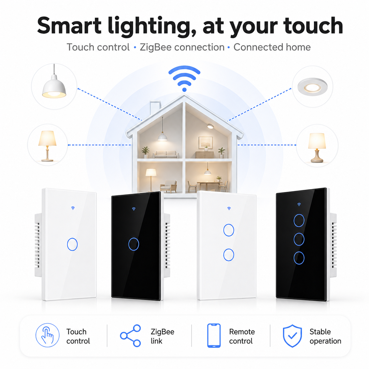 Smart lighting control infographic for NéoGlass ZigBee switch