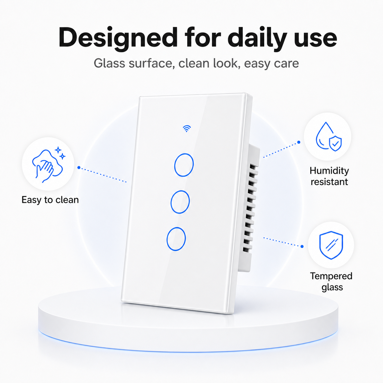Tempered glass and easy-clean feature image for white NéoGlass switch
