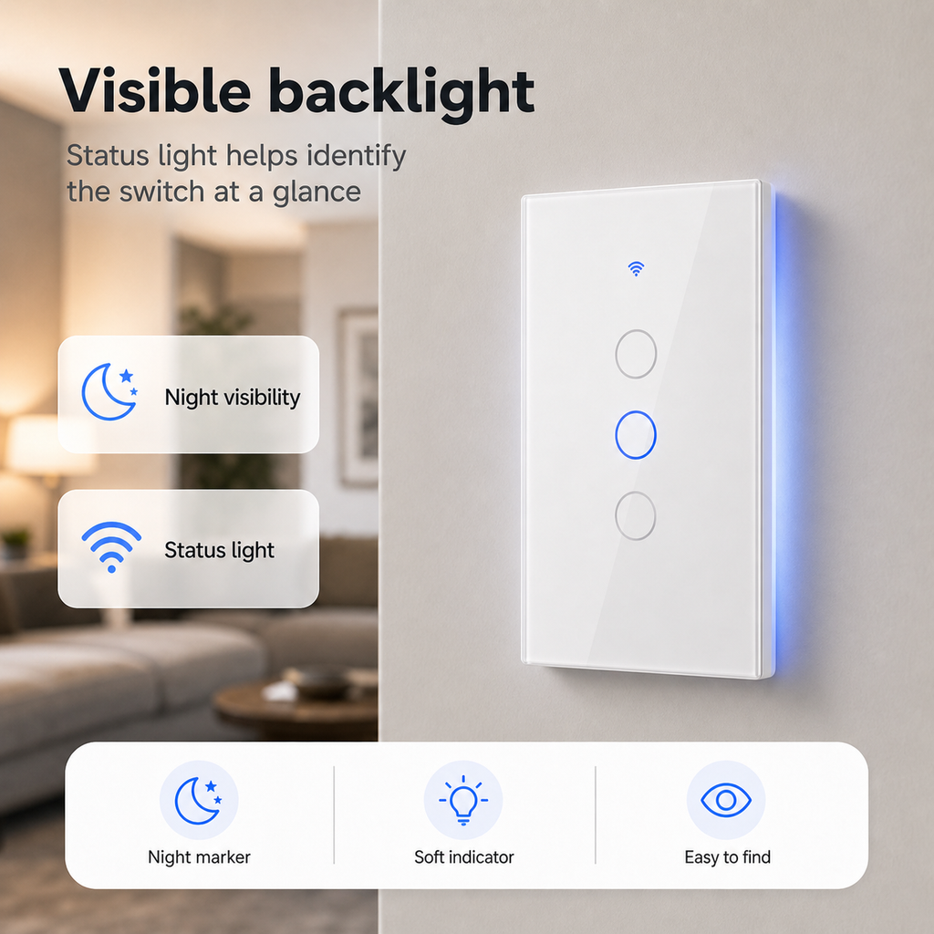 Visible backlight and status light on white NéoGlass switch