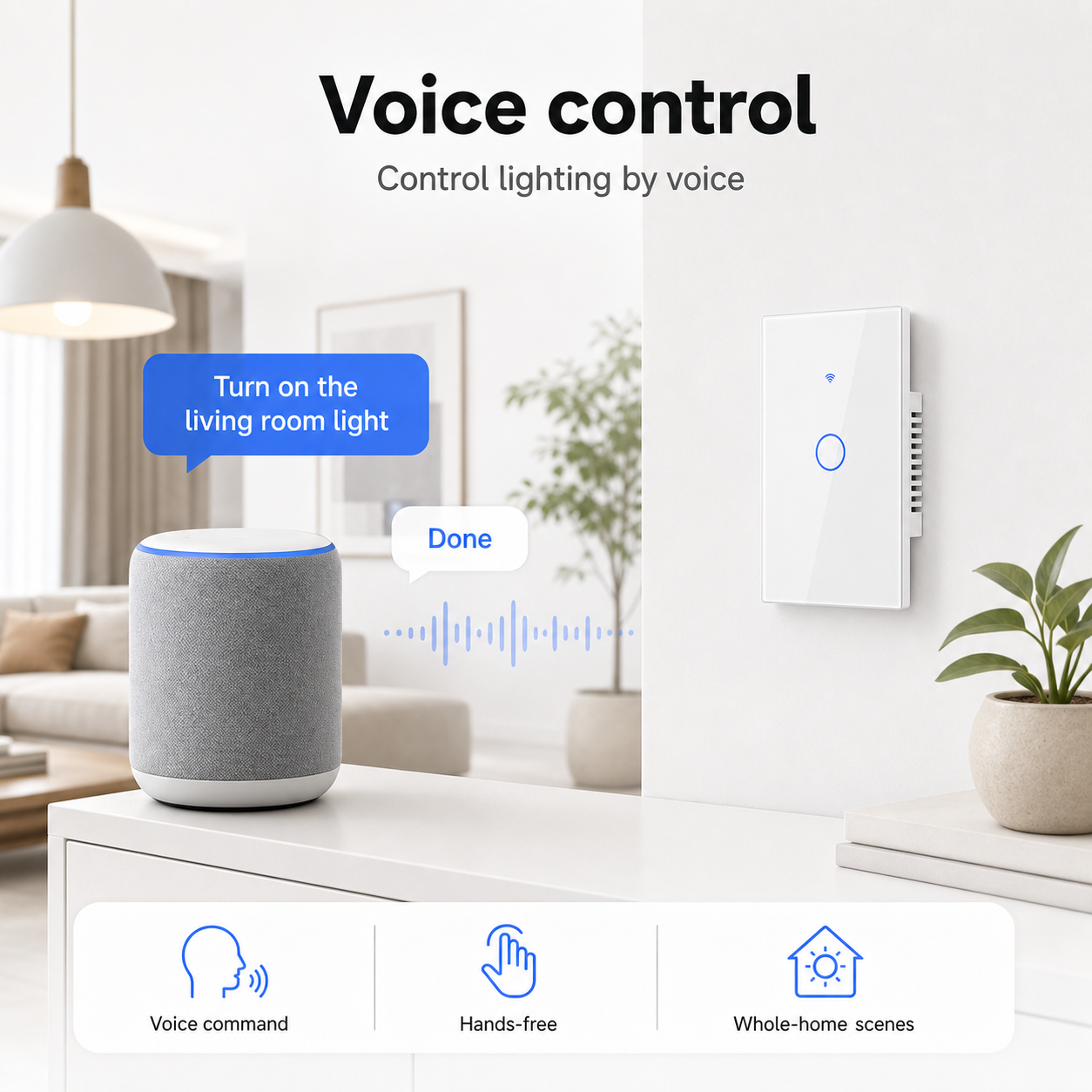 Voice control scene with generic speaker and NéoGlass wall switch
