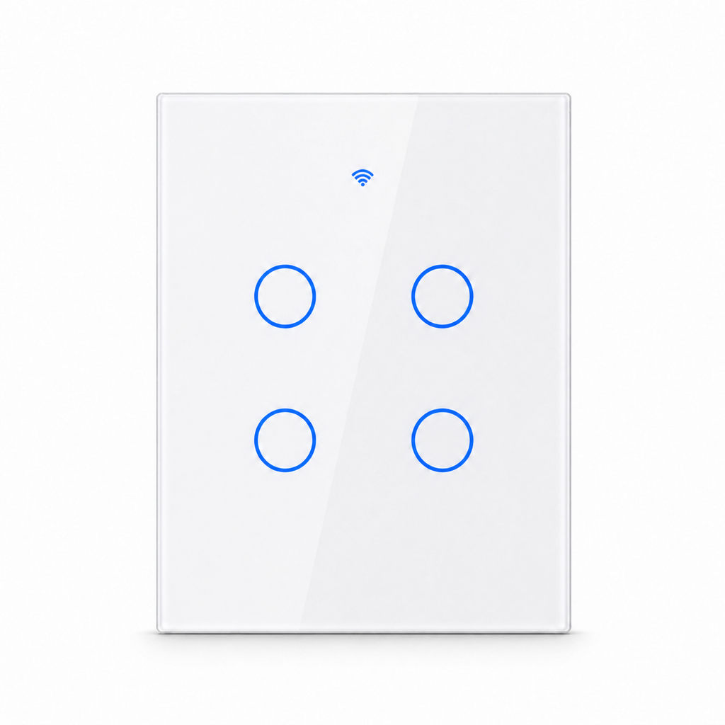 White four-gang ZigBee glass touch switch studio packshot