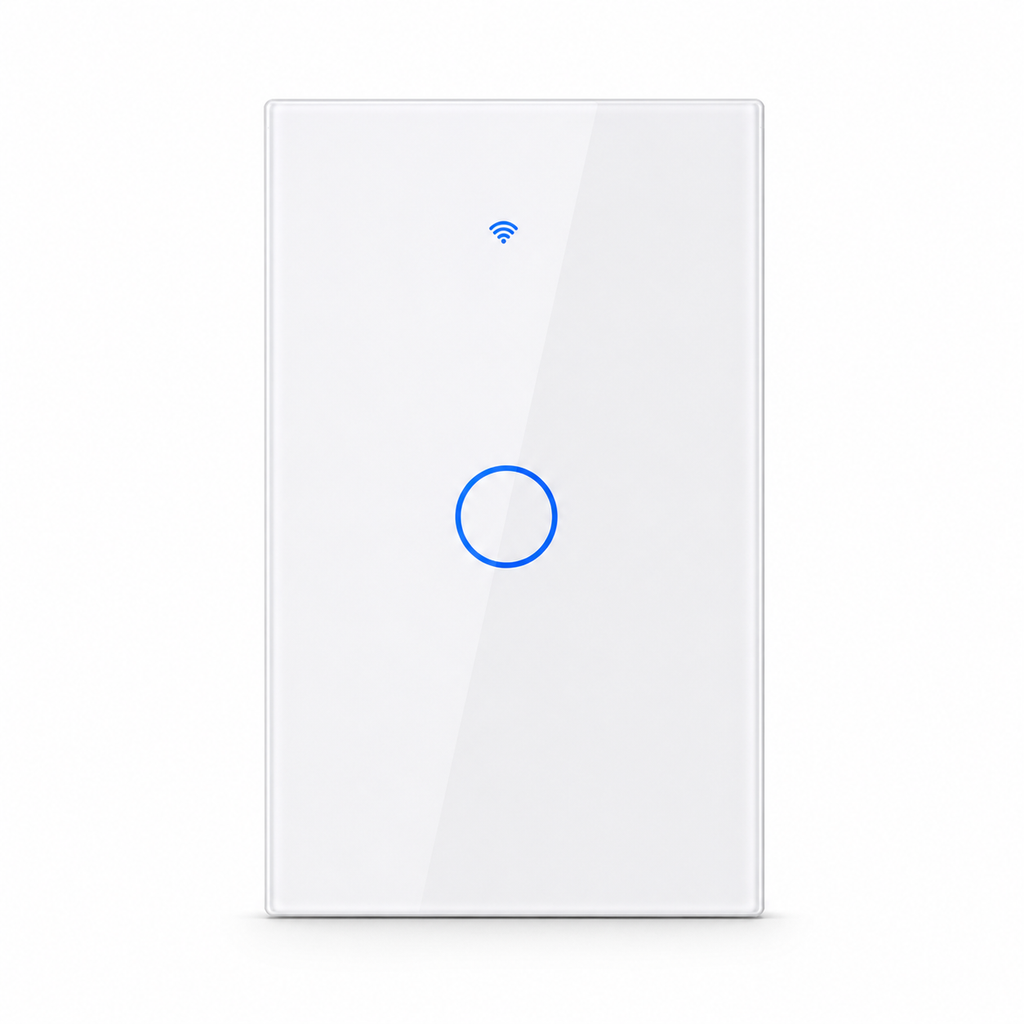 White one-gang ZigBee glass touch switch studio packshot