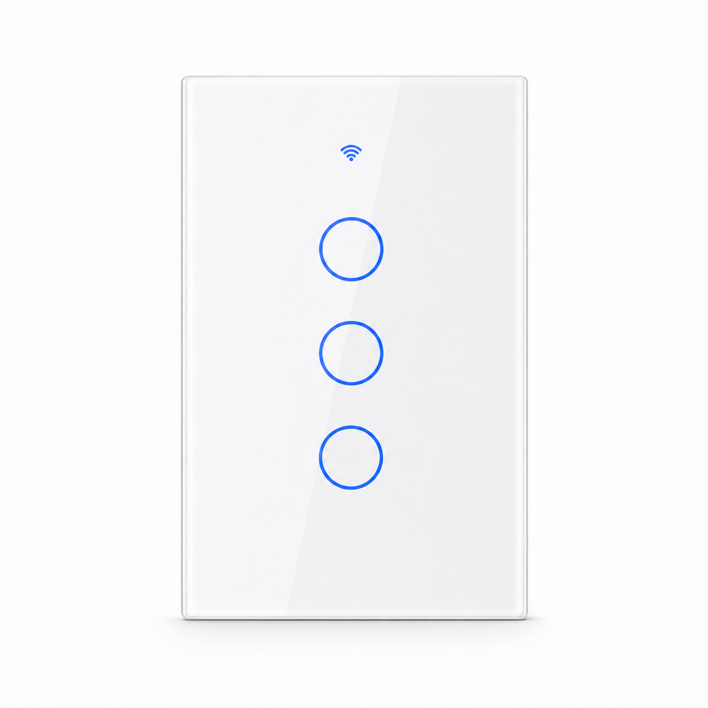 White three-gang ZigBee glass touch switch studio packshot
