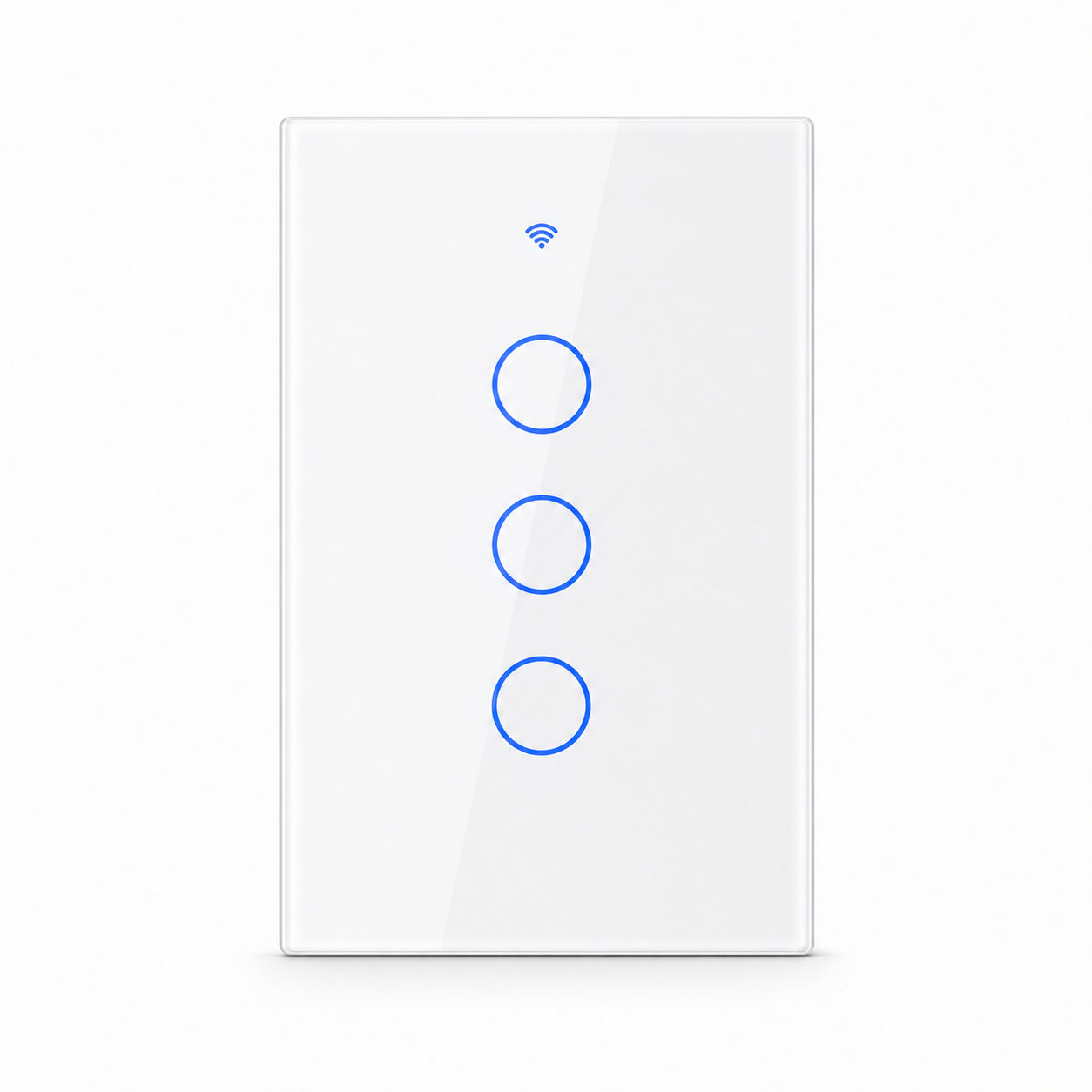 White three-gang ZigBee glass touch switch studio packshot