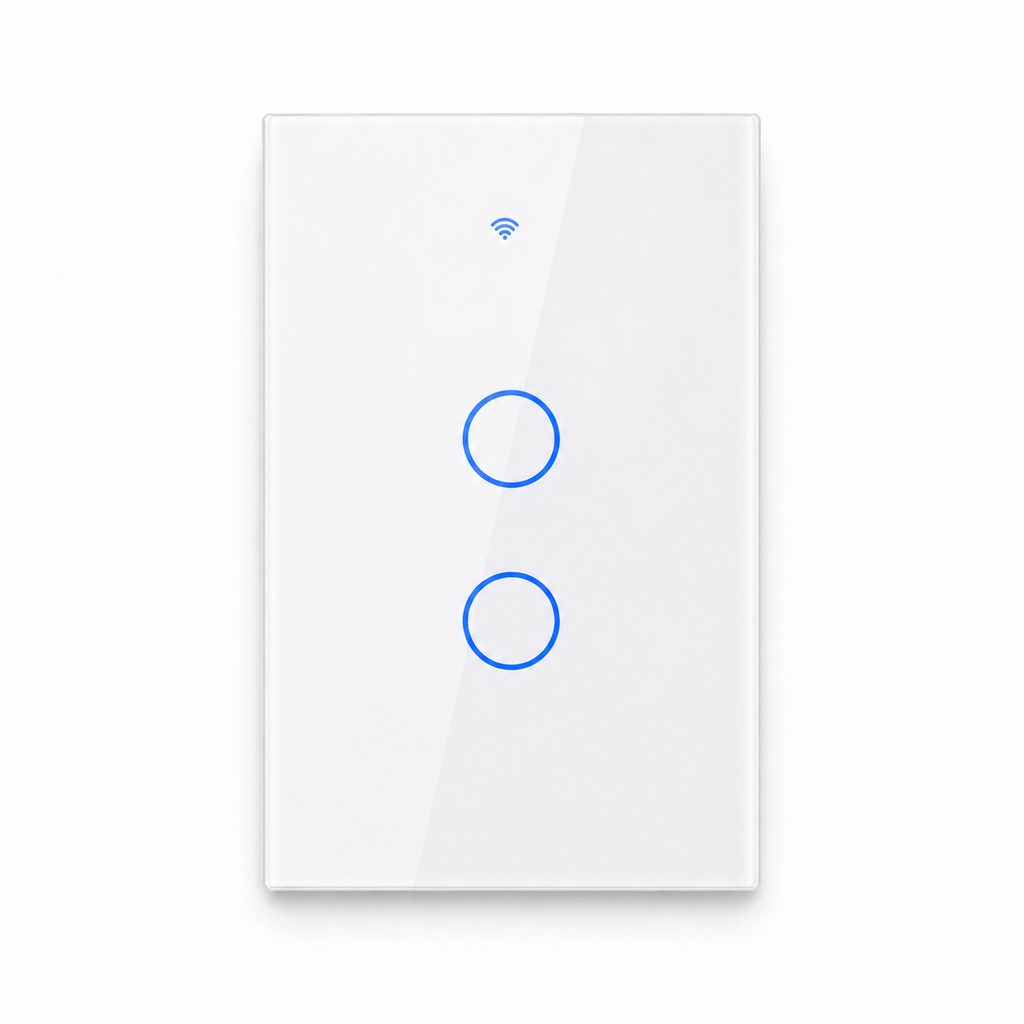 White two-gang ZigBee glass touch switch studio packshot