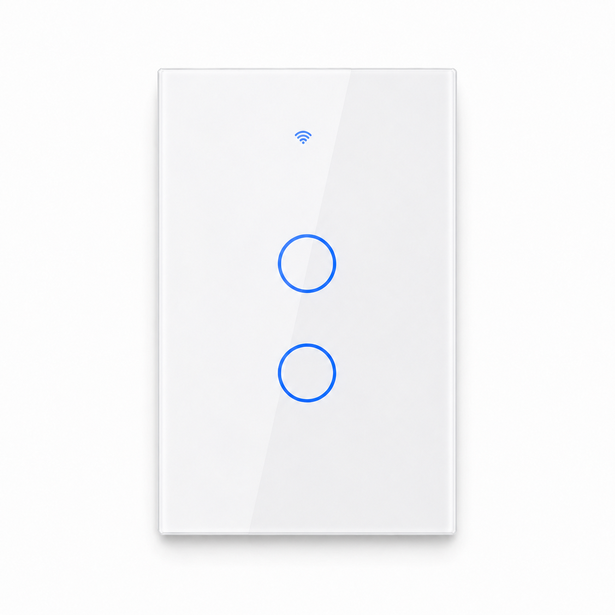 White two-gang ZigBee glass touch switch studio packshot