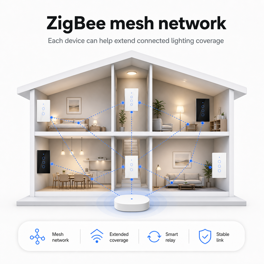 ZigBee mesh network home diagram with NéoGlass switches