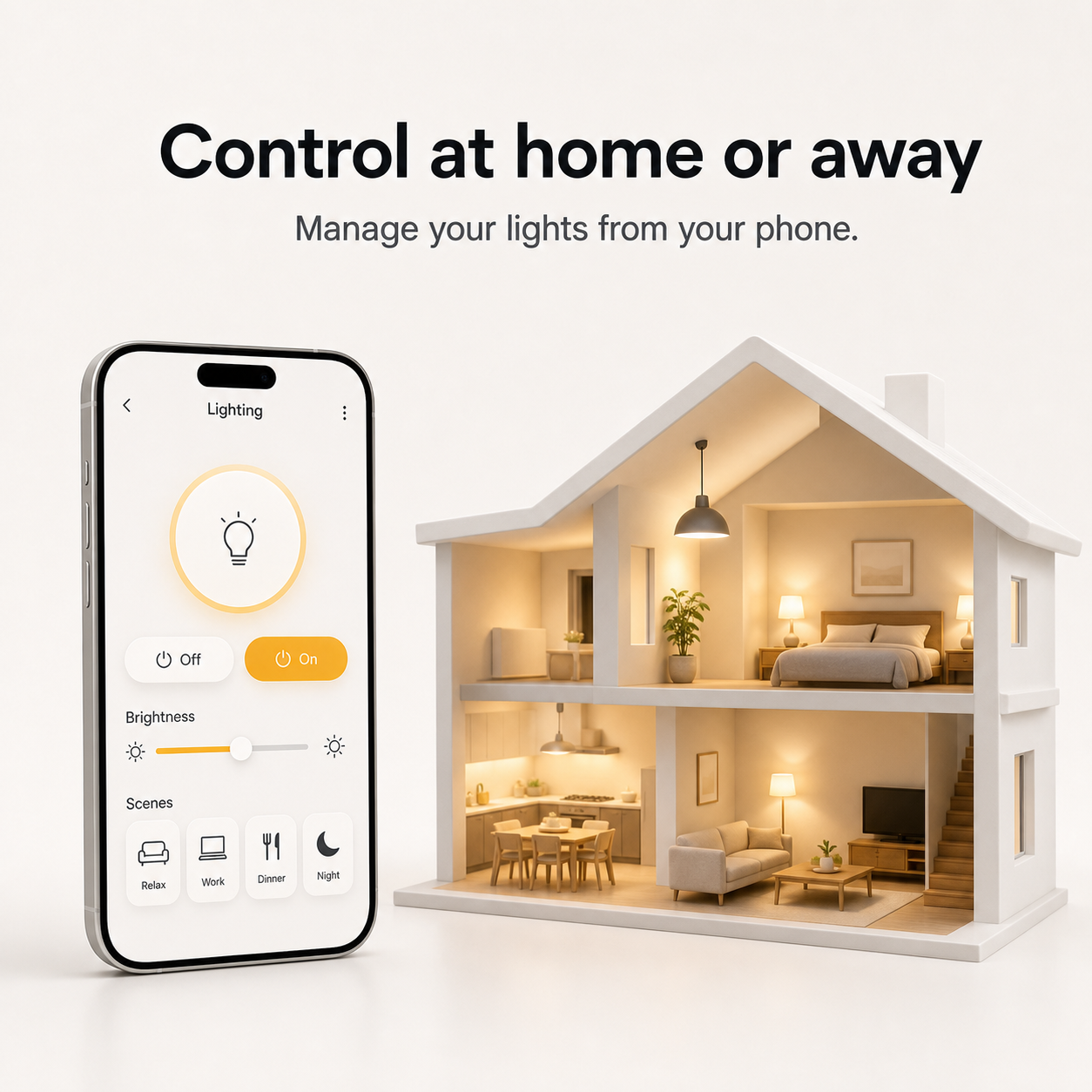 Generic smartphone lighting control shown beside a warm cutaway home scene