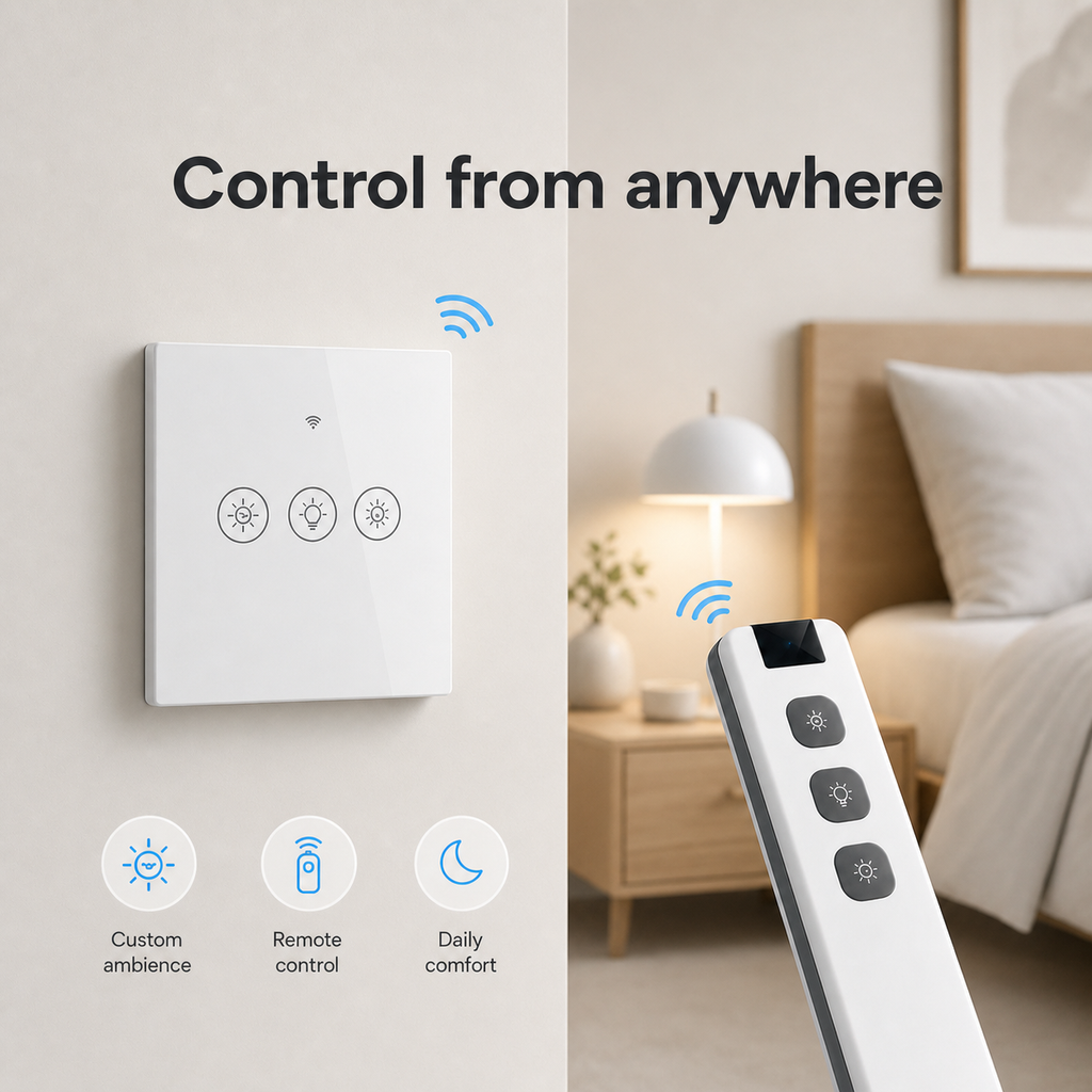 White glass dimmer and RF remote controlling bedroom lighting from anywhere