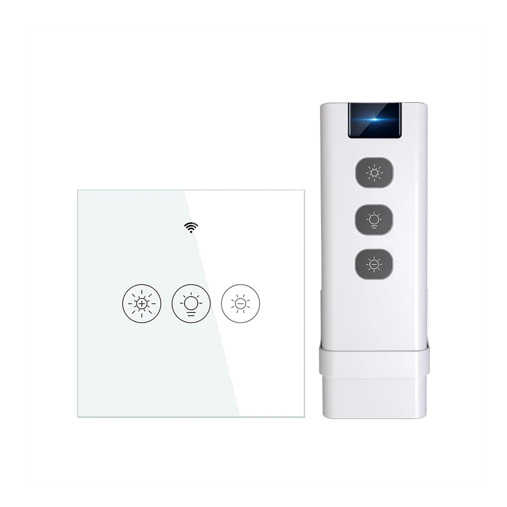 Kit variateur en verre blanc pur horizontal avec télécommande RF sur fond studio blanc