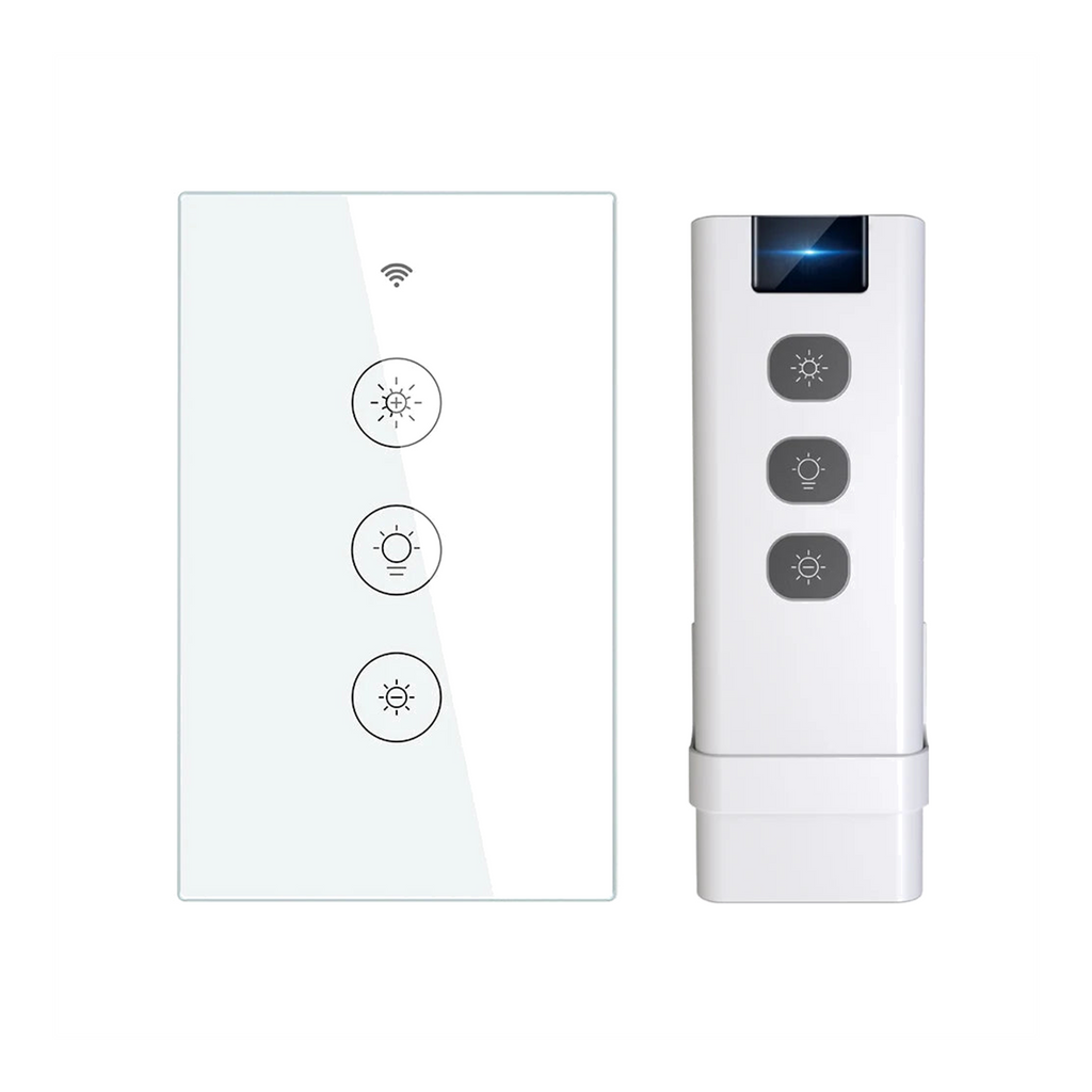 Kit variateur en verre blanc pur vertical avec télécommande RF sur fond studio blanc