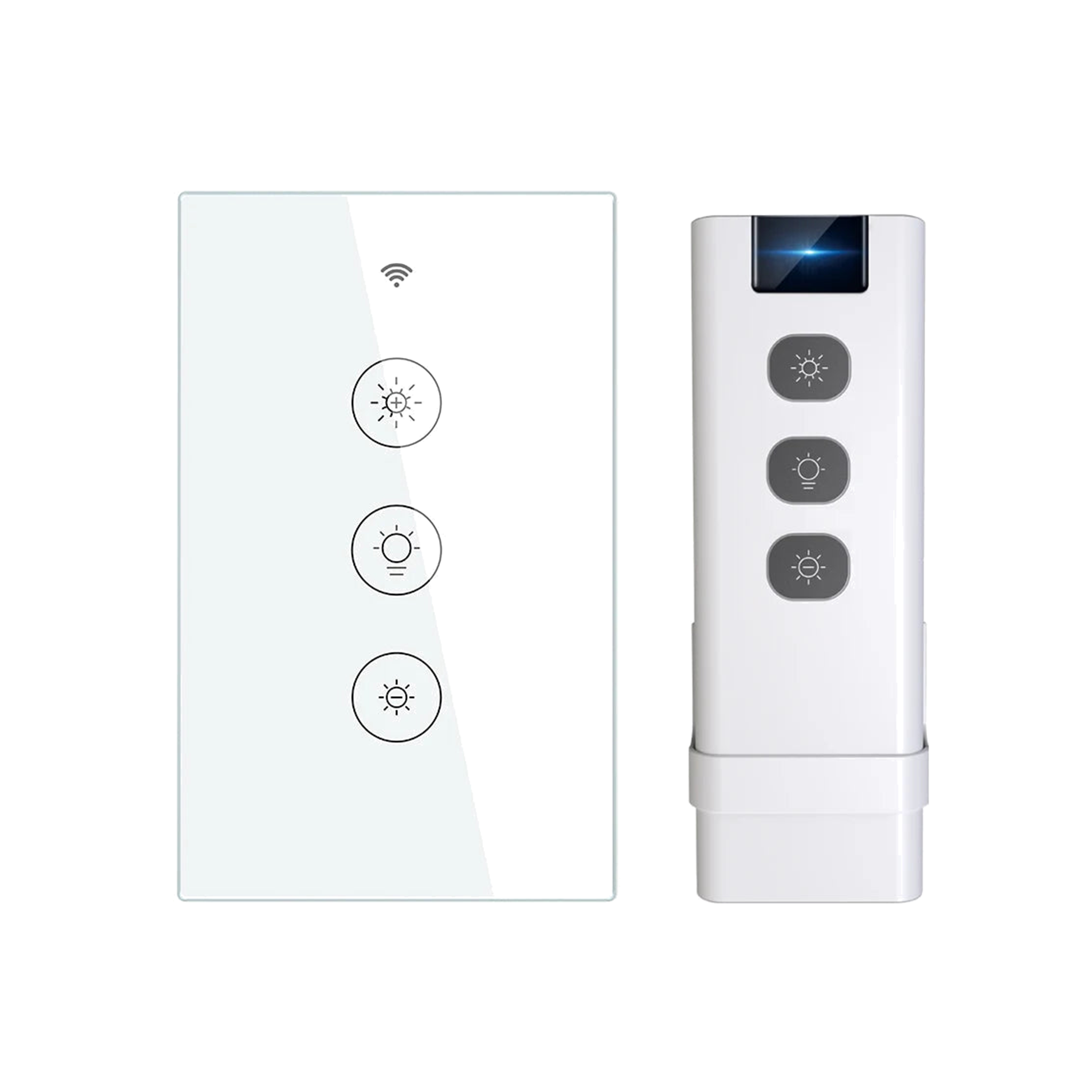 Kit variateur en verre blanc pur vertical avec télécommande RF sur fond studio blanc