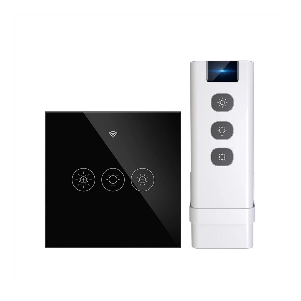Kit variateur en verre noir absolu horizontal avec télécommande RF sur fond studio blanc