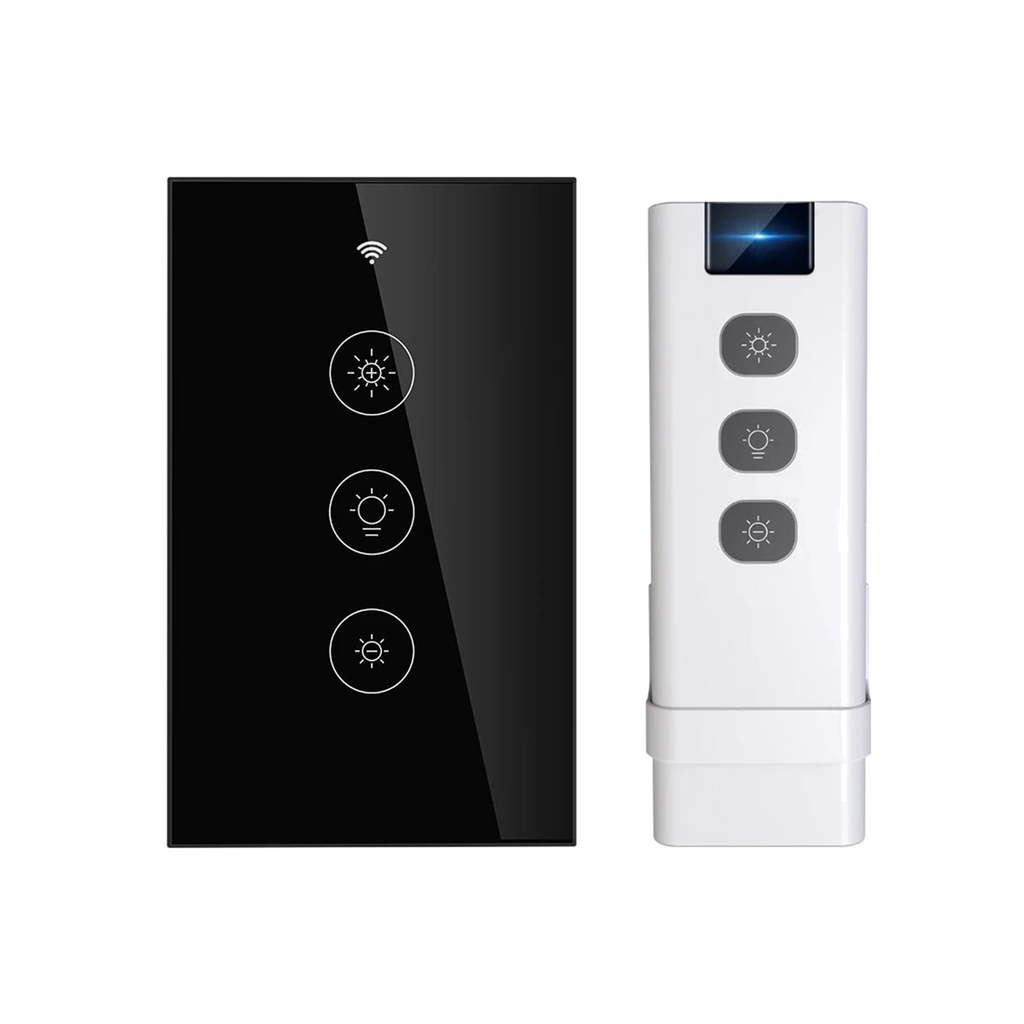 Kit variateur en verre noir absolu vertical avec télécommande RF sur fond studio blanc