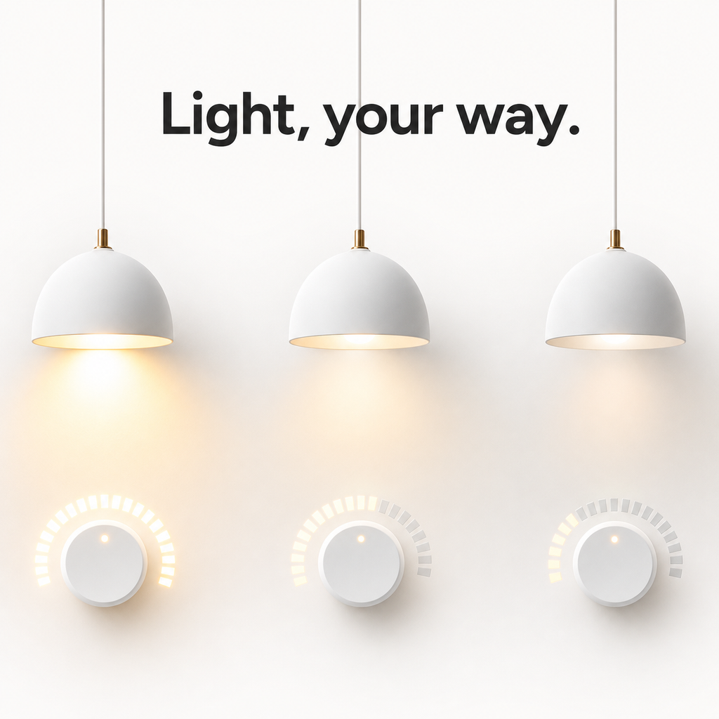 Dimmable pendant lights shown at different brightness levels with clean studio controls