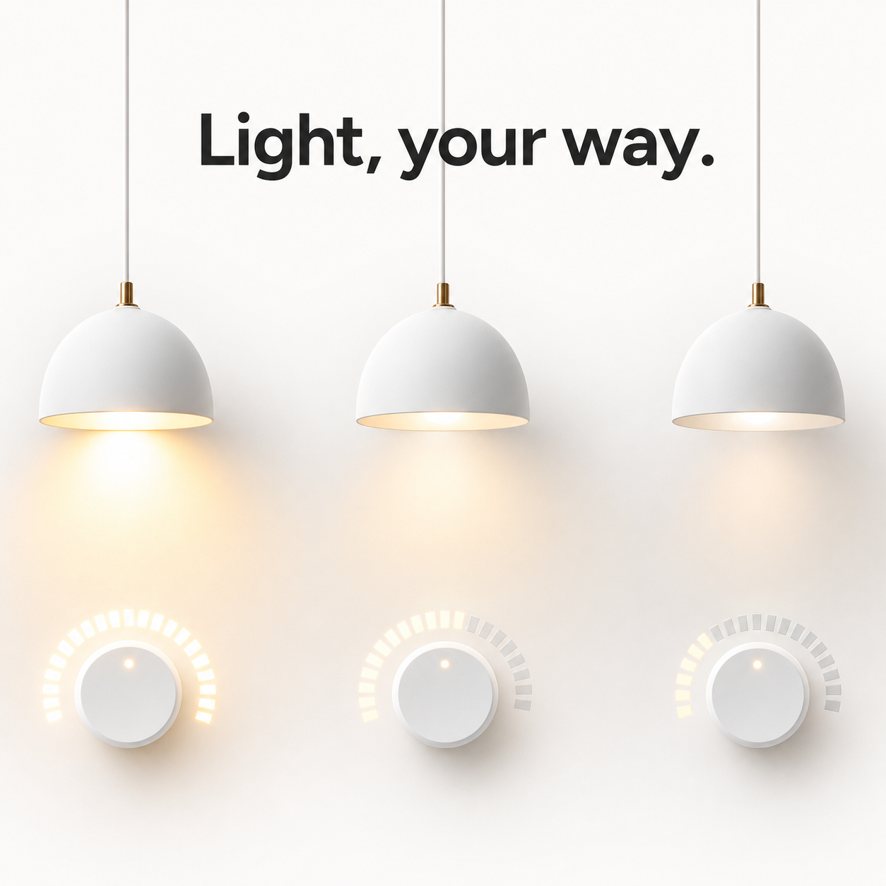 Dimmable pendant lights shown at different brightness levels with clean studio controls
