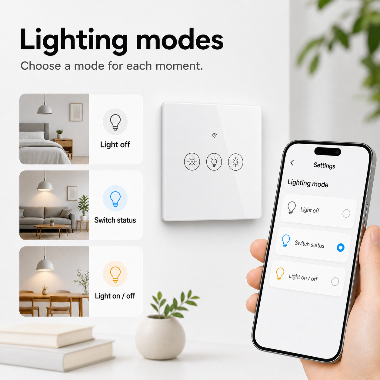 Generic smartphone settings interface showing lighting modes for the glass dimmer