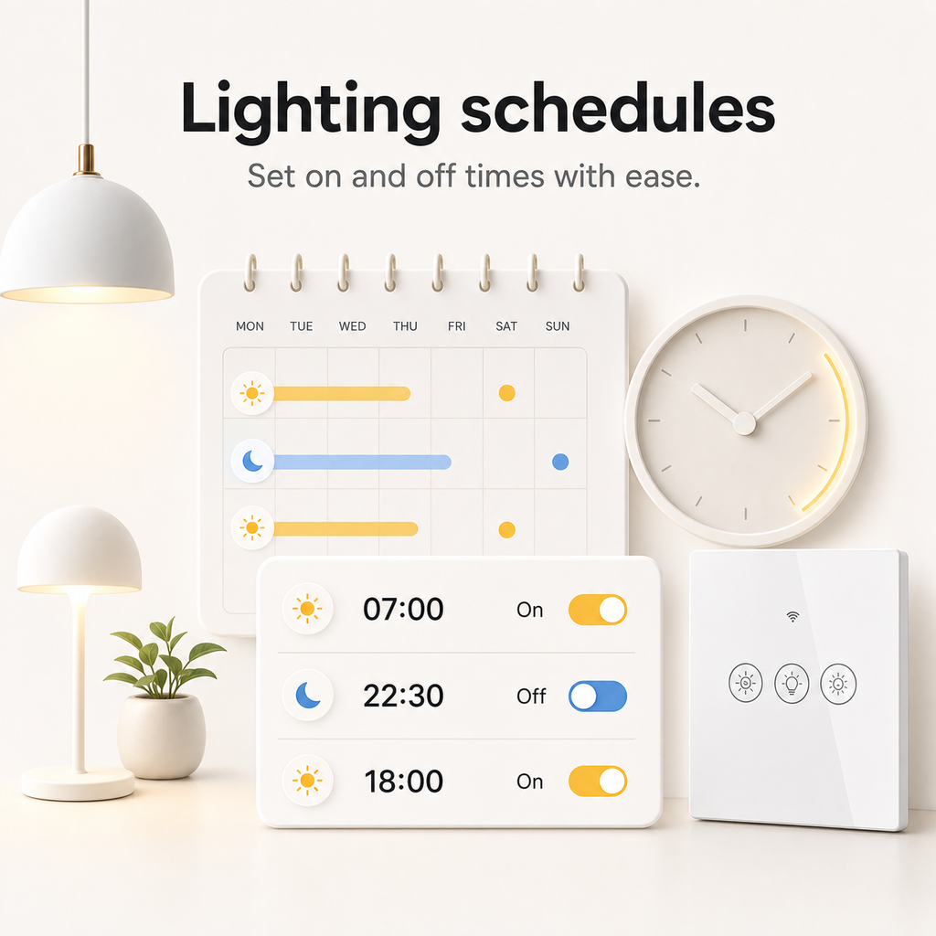 Lighting schedule interface showing on and off times with a dimmer and clock