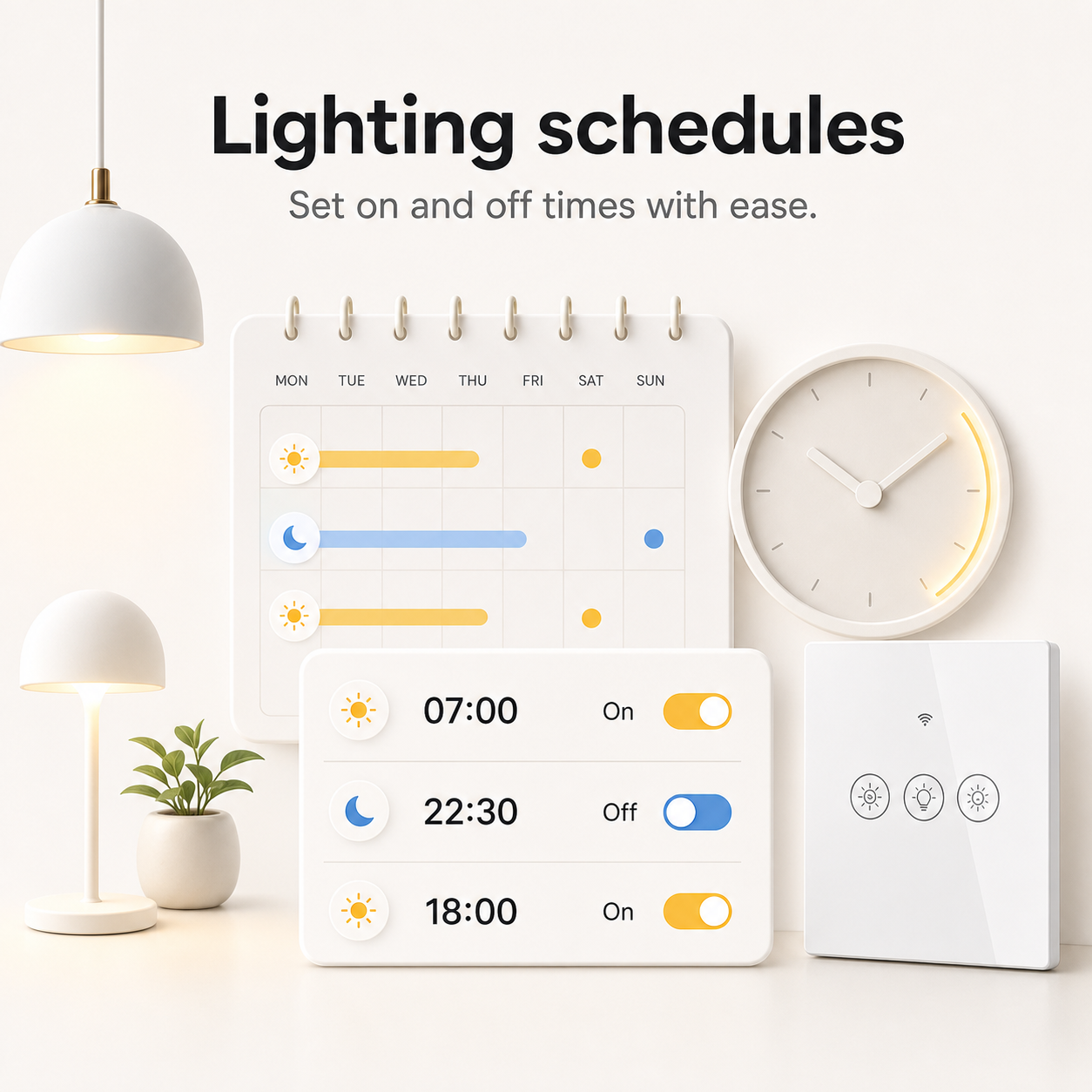 Lighting schedule interface showing on and off times with a dimmer and clock