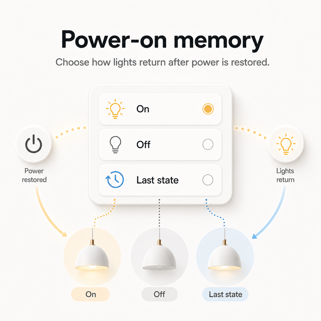 Power-on memory setting showing on, off and last state options for lighting
