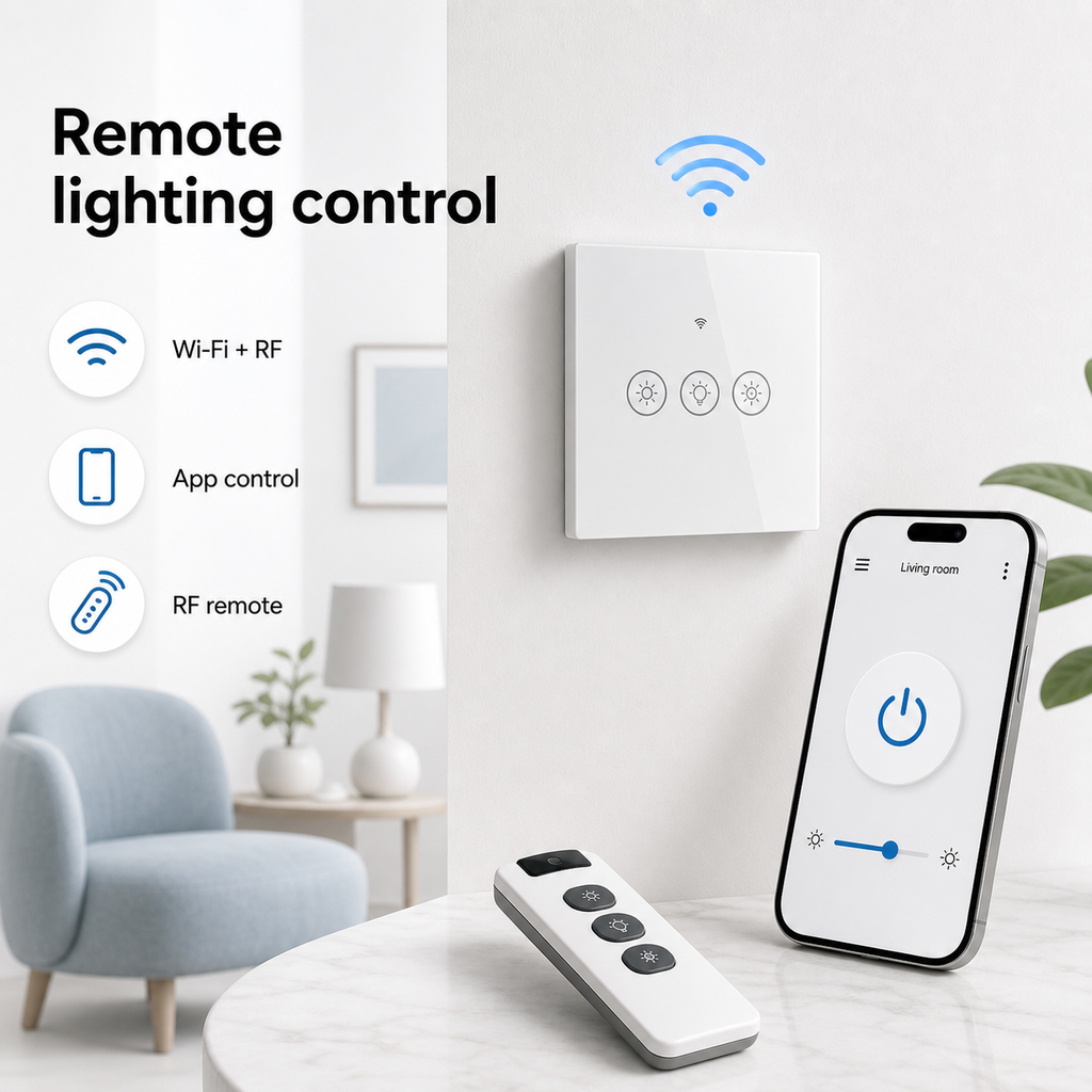 Remote lighting control with Wi-Fi, RF remote and generic smartphone app interface