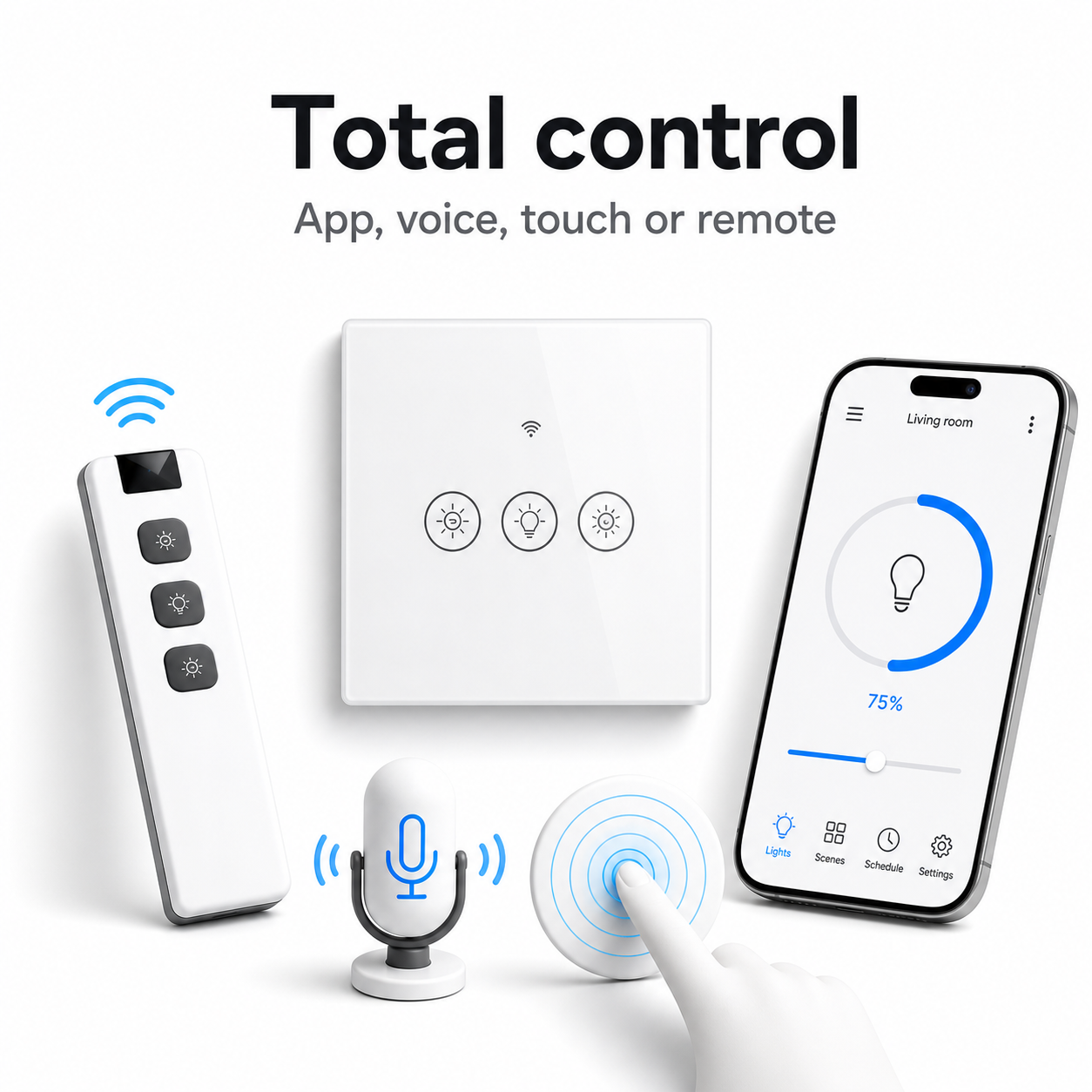 Wall dimmer with RF remote, generic app, voice icon and touch control options