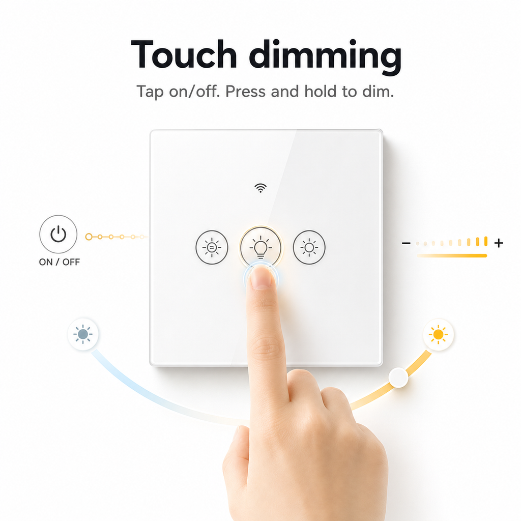 Finger touching the glass dimmer panel to adjust light brightness