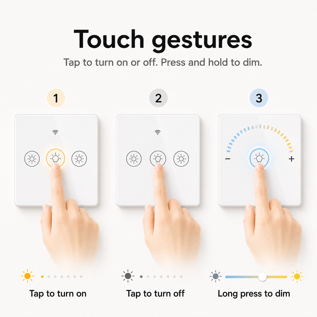 Three touch gestures for turning lights on, off and dimming with a long press