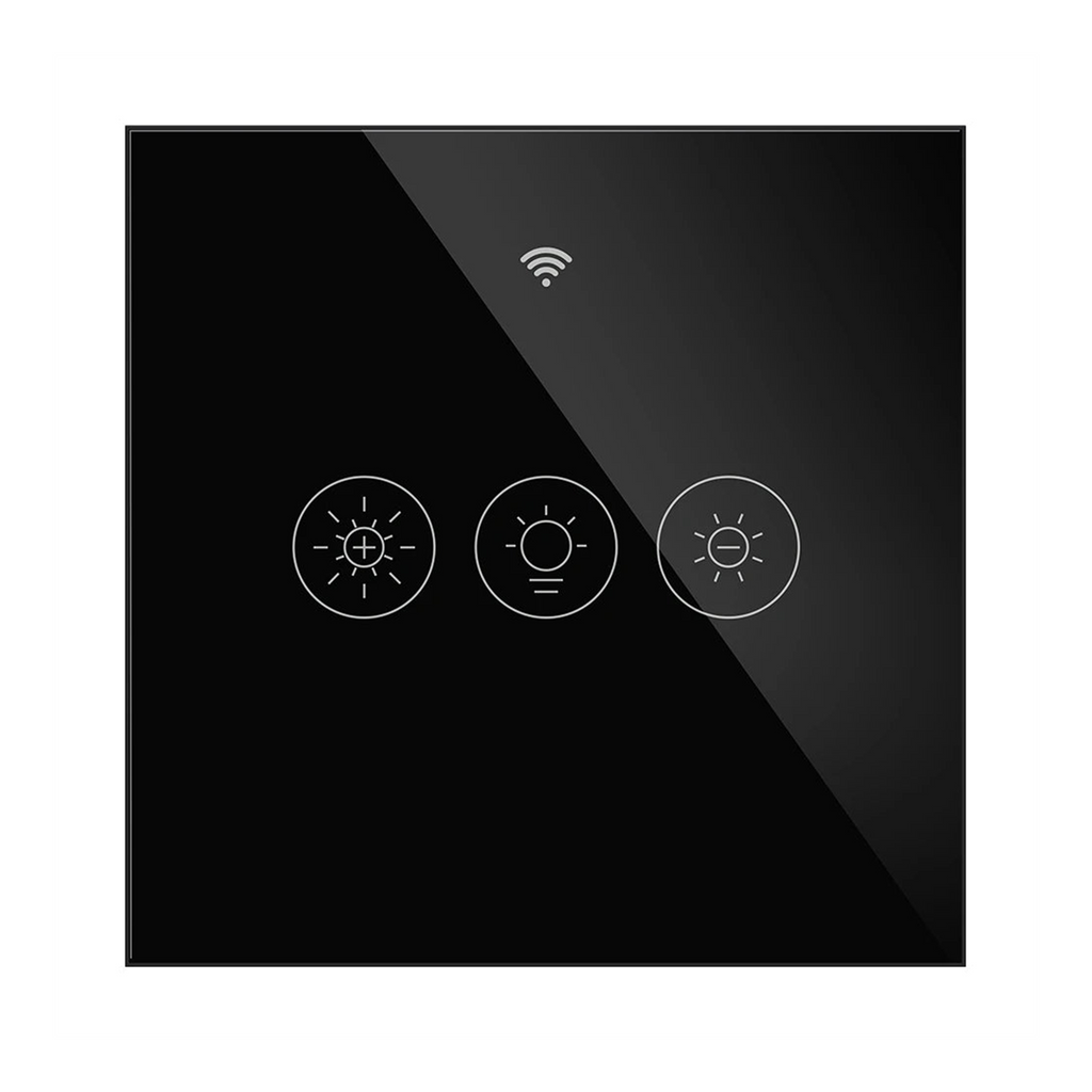 Variateur en verre noir absolu format EU à trois touches sur fond studio blanc