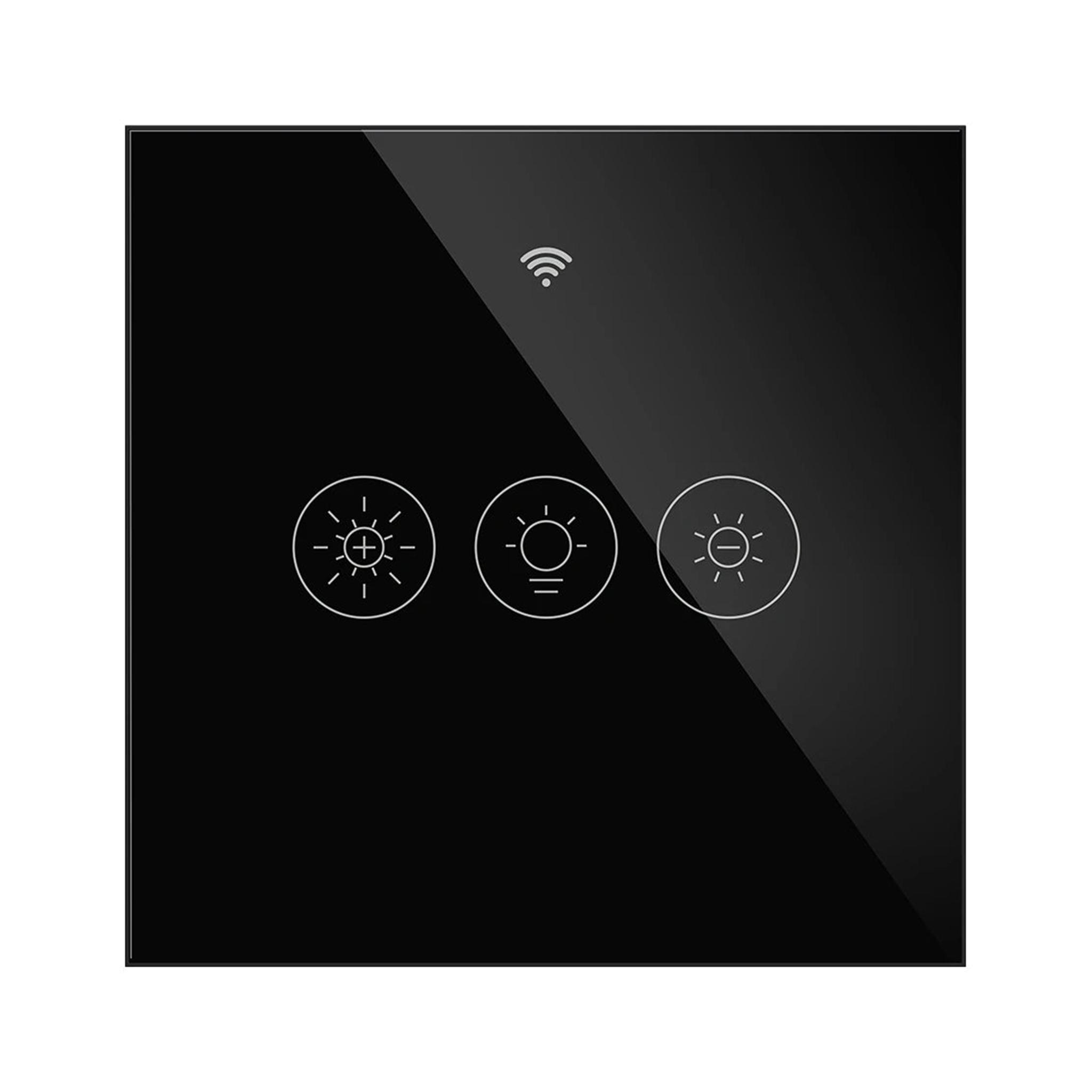 Variateur en verre noir absolu format EU à trois touches sur fond studio blanc