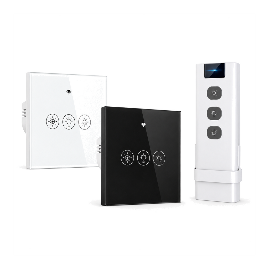 Variateurs en verre blanc et noir avec télécommande RF sur fond studio blanc