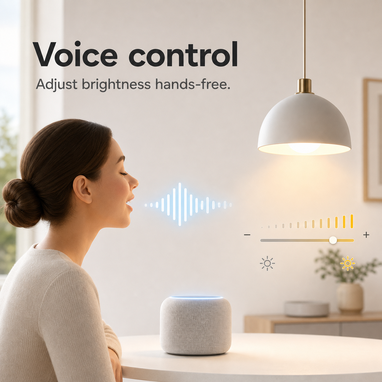 Voice control scene for adjusting pendant light brightness with a generic speaker