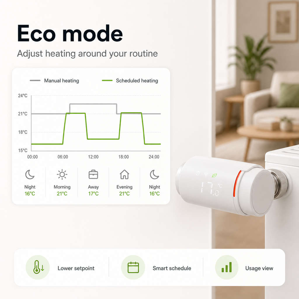 Eco mode scheduled heating graphic for NéoGraph Comfort valve