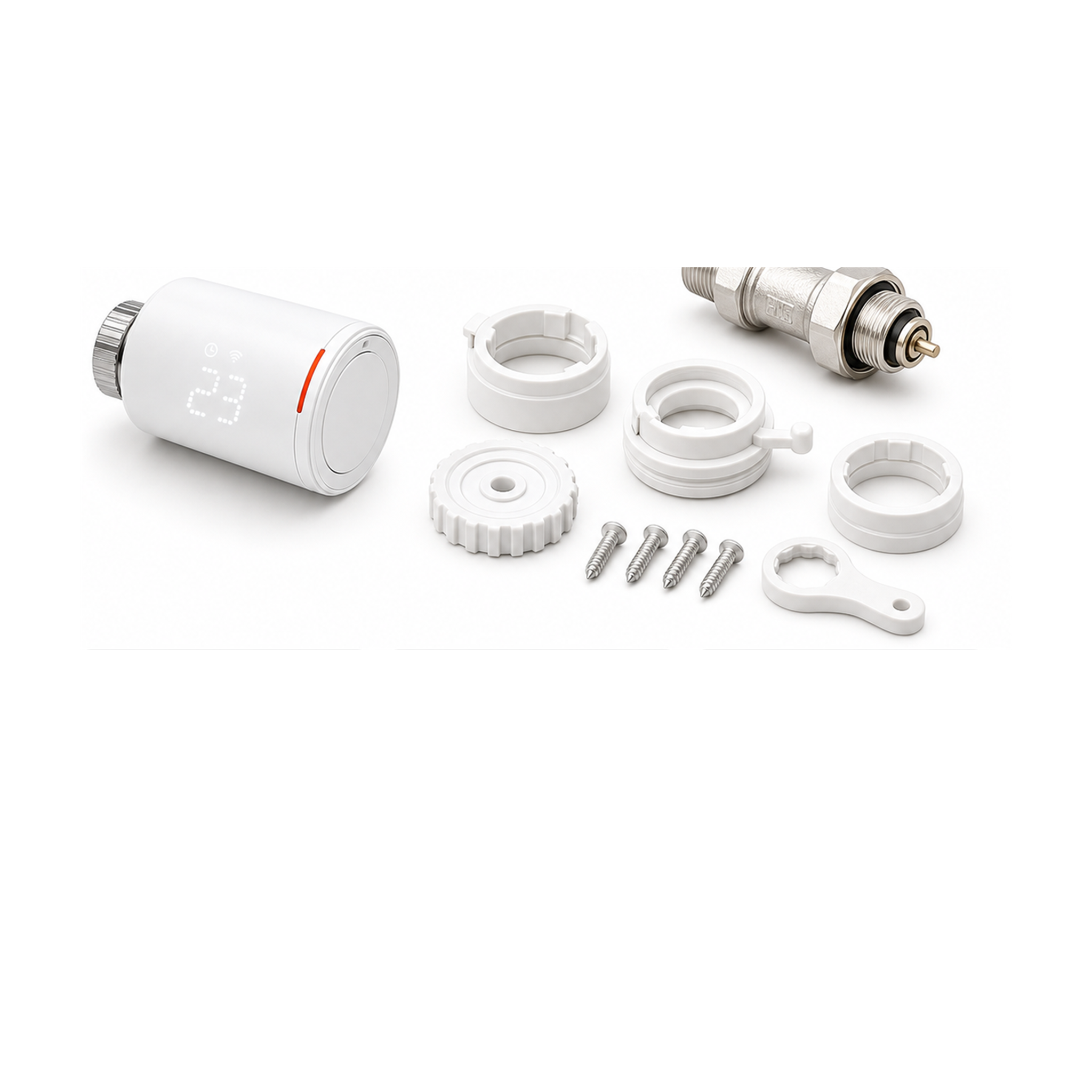 Kit adaptateurs pour vanne thermostatique NéoGraph Comfort sur fond studio blanc