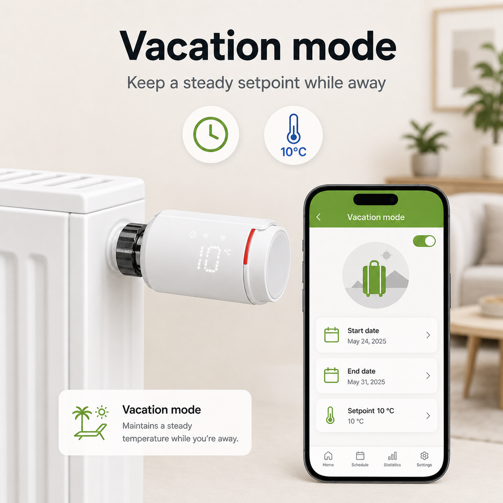 Vacation mode app control for NéoGraph Comfort radiator valve