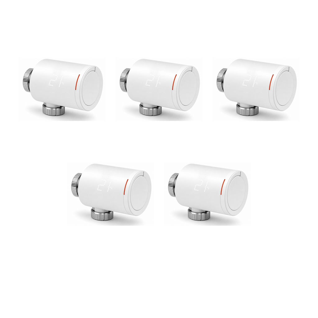 Lot de 5 vannes thermostatiques NéoGraph Comfort blanc pur sur fond studio blanc