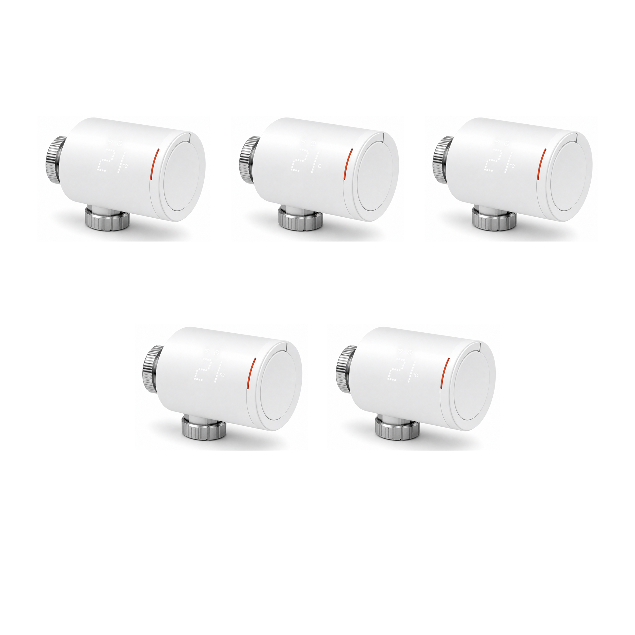 Lot de 5 vannes thermostatiques NéoGraph Comfort blanc pur sur fond studio blanc