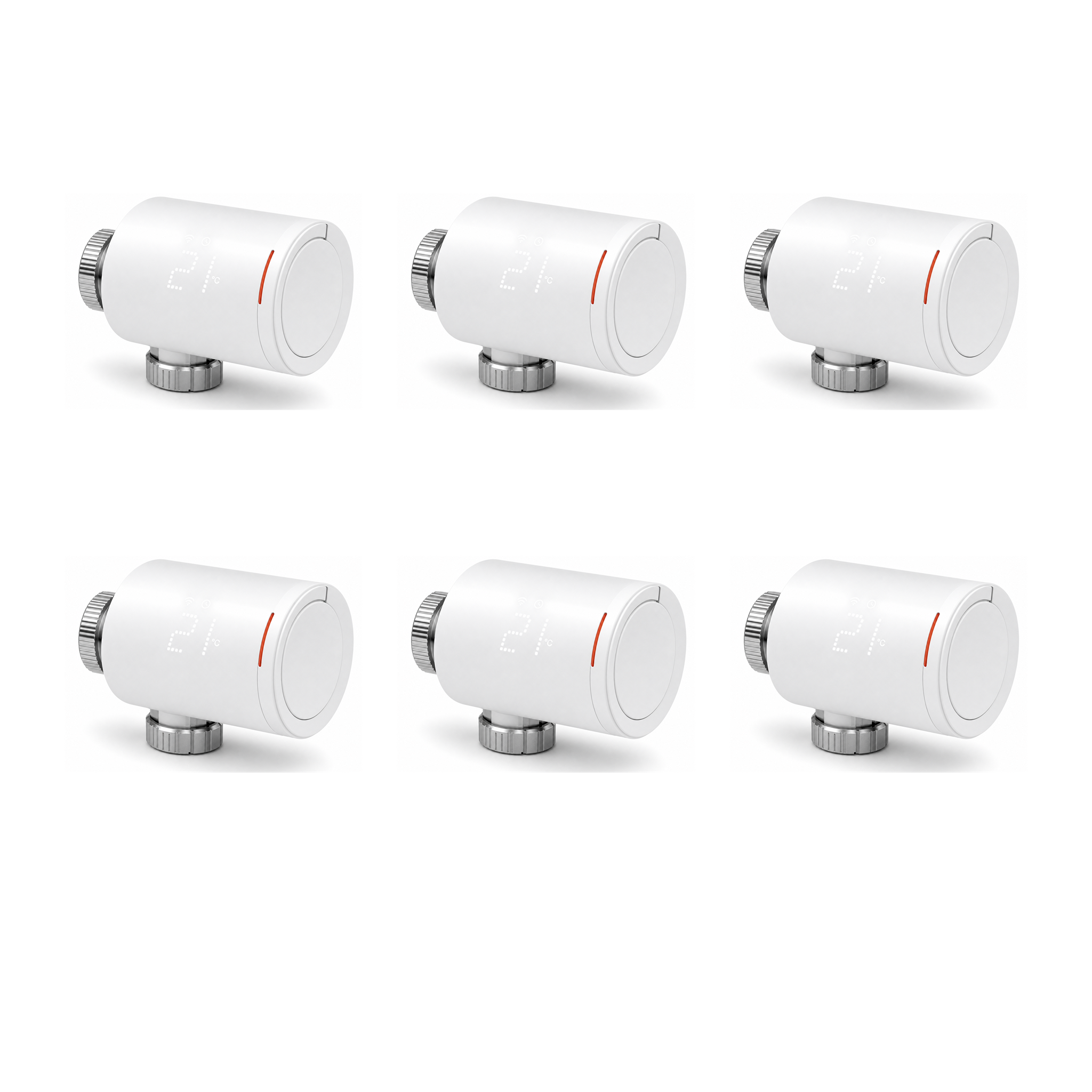 Lot de 6 vannes thermostatiques NéoGraph Comfort blanc pur sur fond studio blanc
