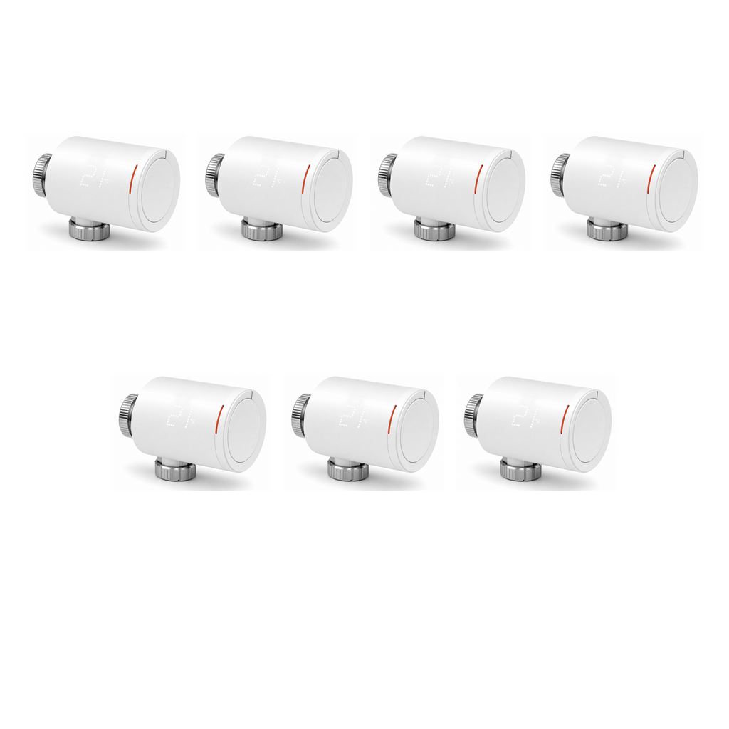 Lot de 7 vannes thermostatiques NéoGraph Comfort blanc pur sur fond studio blanc