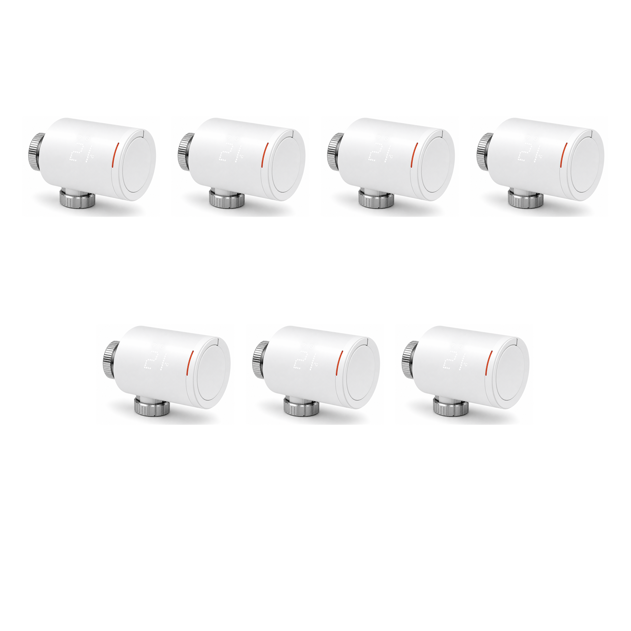 Lot de 7 vannes thermostatiques NéoGraph Comfort blanc pur sur fond studio blanc