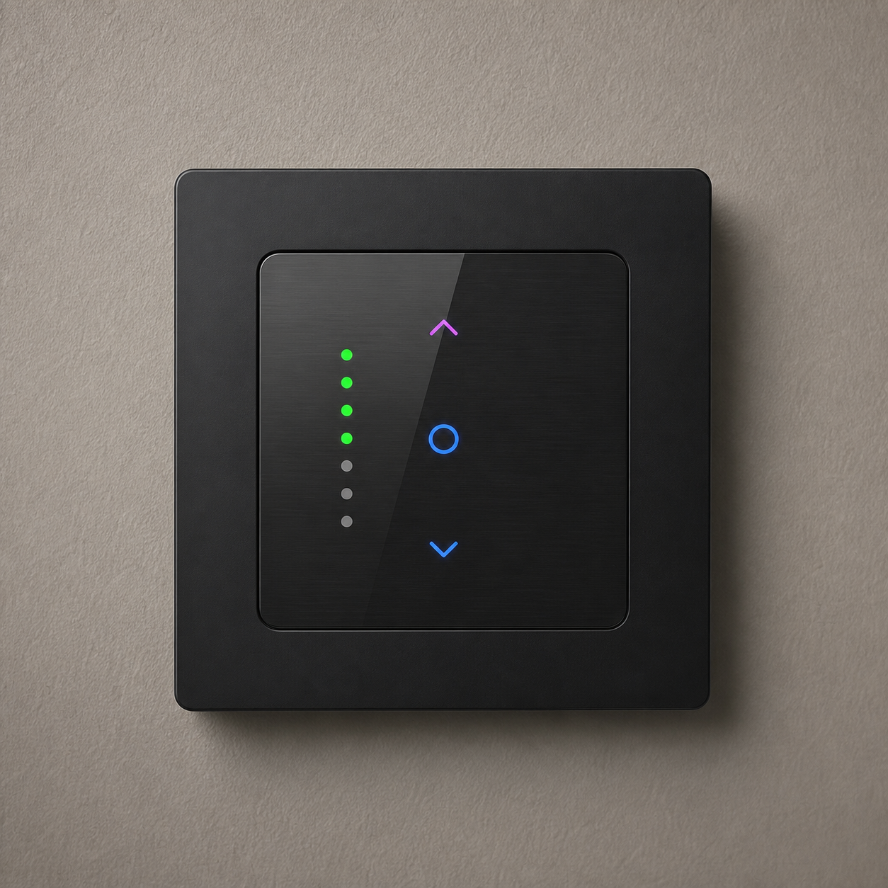 Black NéoGrid Essential curtain switch with LED position indicators on wall