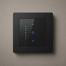 Black NéoGrid Essential curtain switch with LED position indicators on wall
